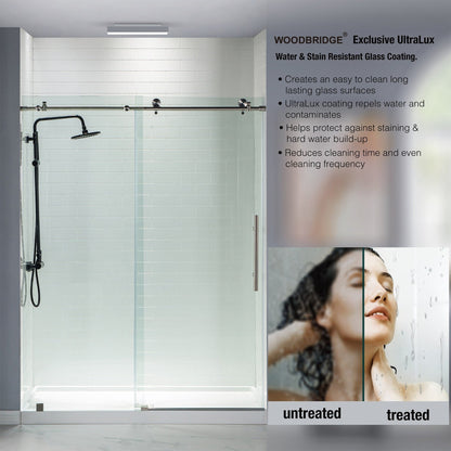 WoodBridge 48" W x 76" H Clear Tempered Glass Frameless Shower Door With Brushed Nickel Hardware Finish