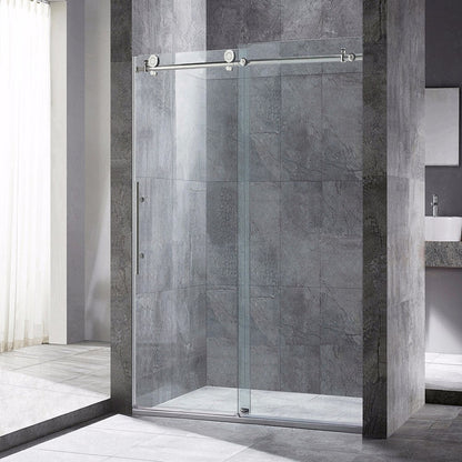 WoodBridge 48" W x 76" H Clear Tempered Glass Frameless Shower Door With Brushed Nickel Hardware Finish