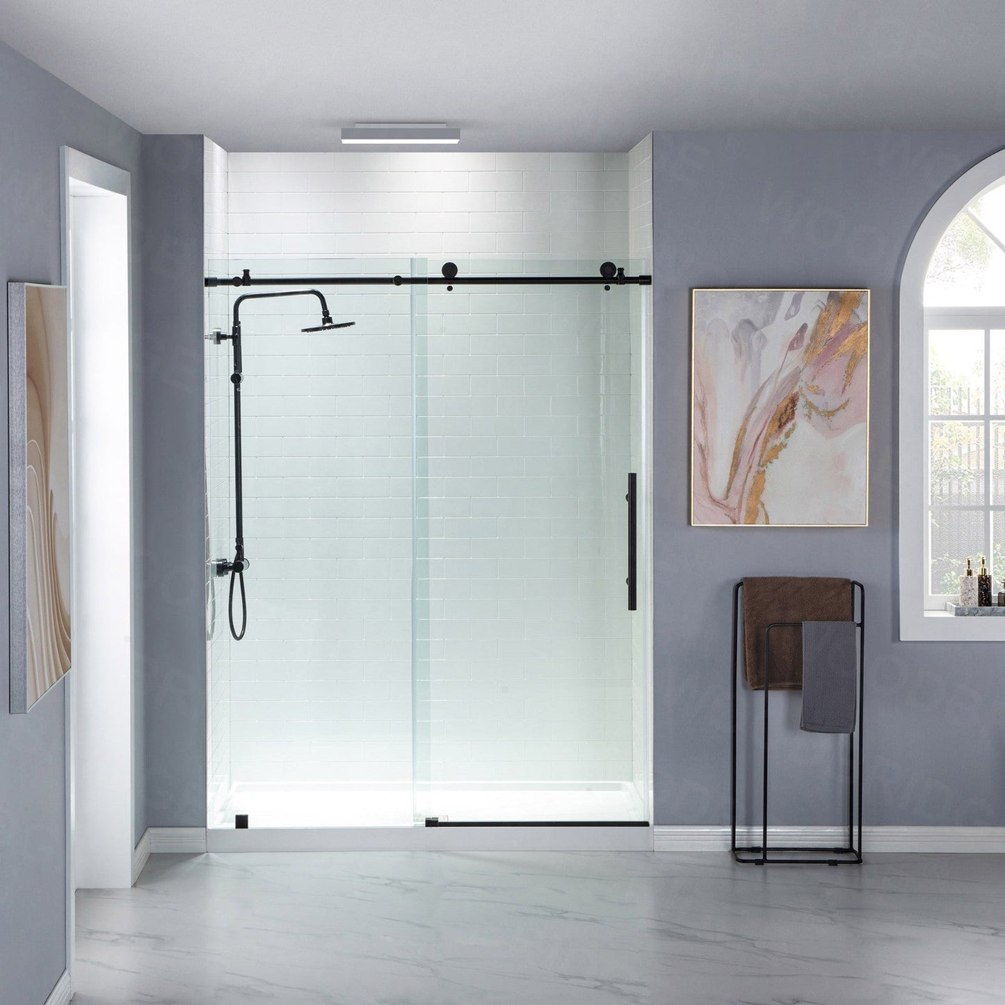 WoodBridge 48" W x 76" H Clear Tempered Glass Frameless Shower Door With Matte Black Hardware Finish