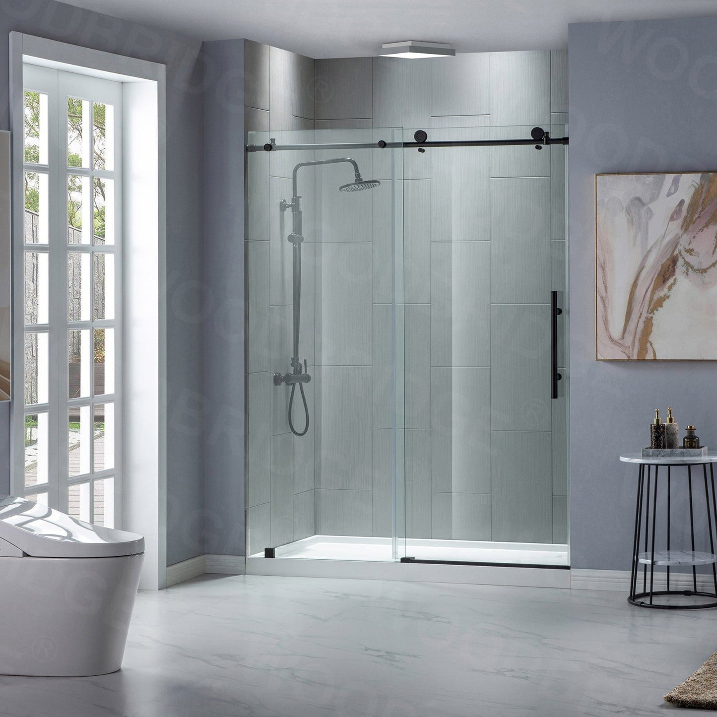 WoodBridge 48" W x 76" H Clear Tempered Glass Frameless Shower Door With Matte Black Hardware Finish