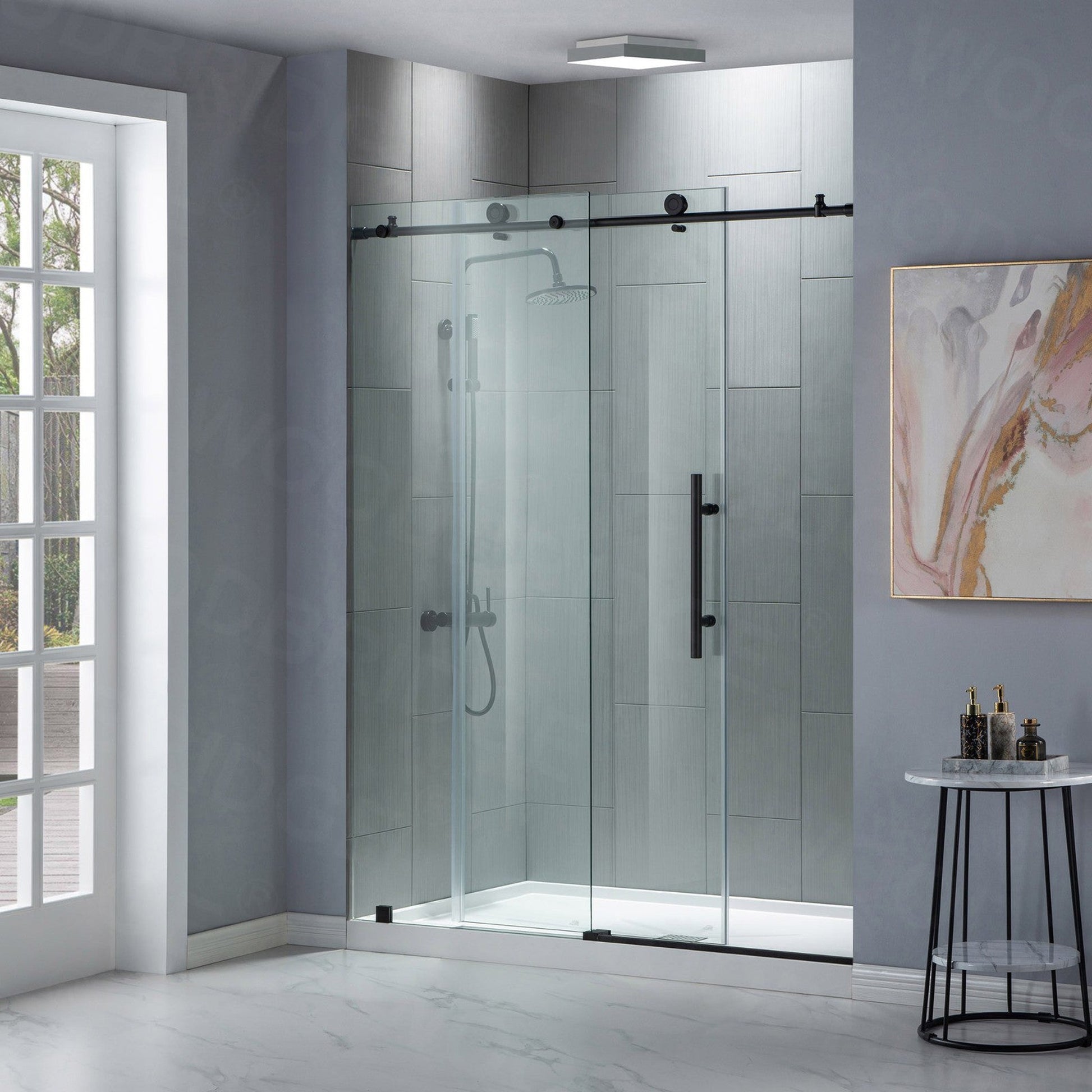 WoodBridge 48" W x 76" H Clear Tempered Glass Frameless Shower Door With Matte Black Hardware Finish