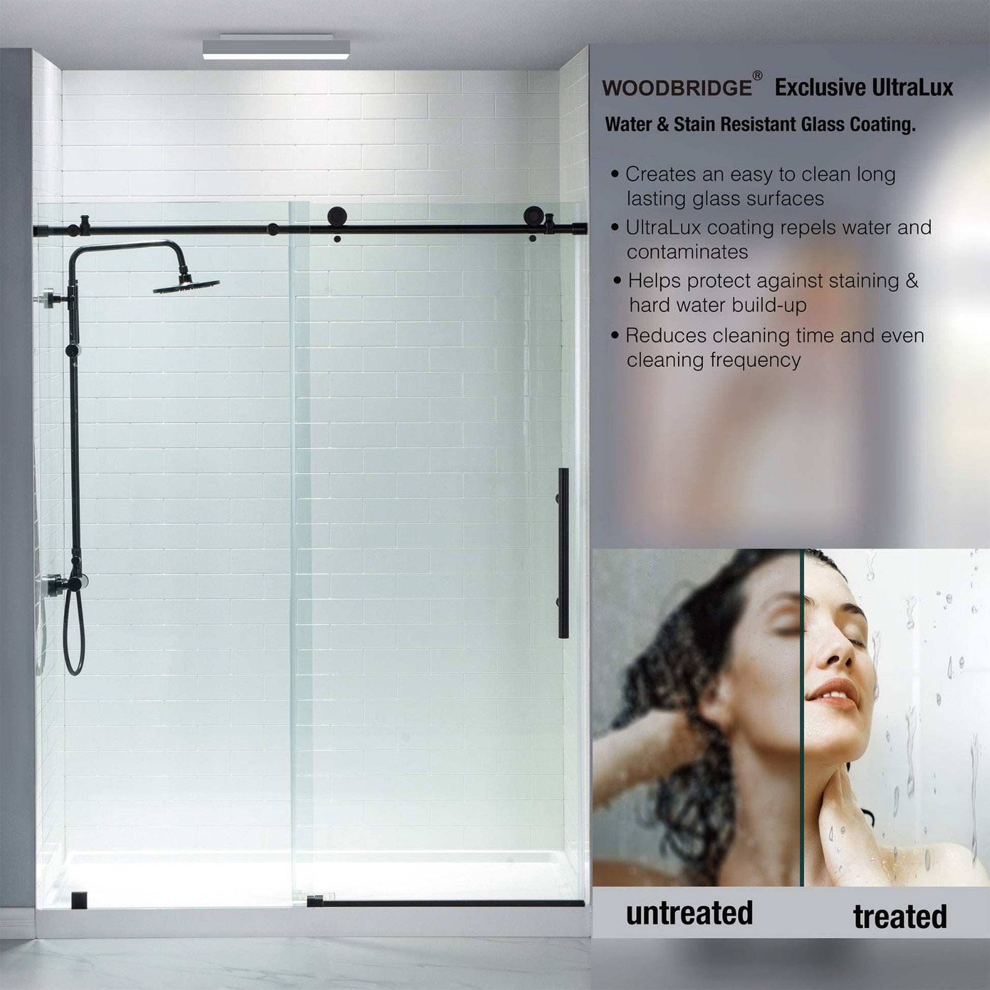 WoodBridge 48" W x 76" H Clear Tempered Glass Frameless Shower Door With Matte Black Hardware Finish