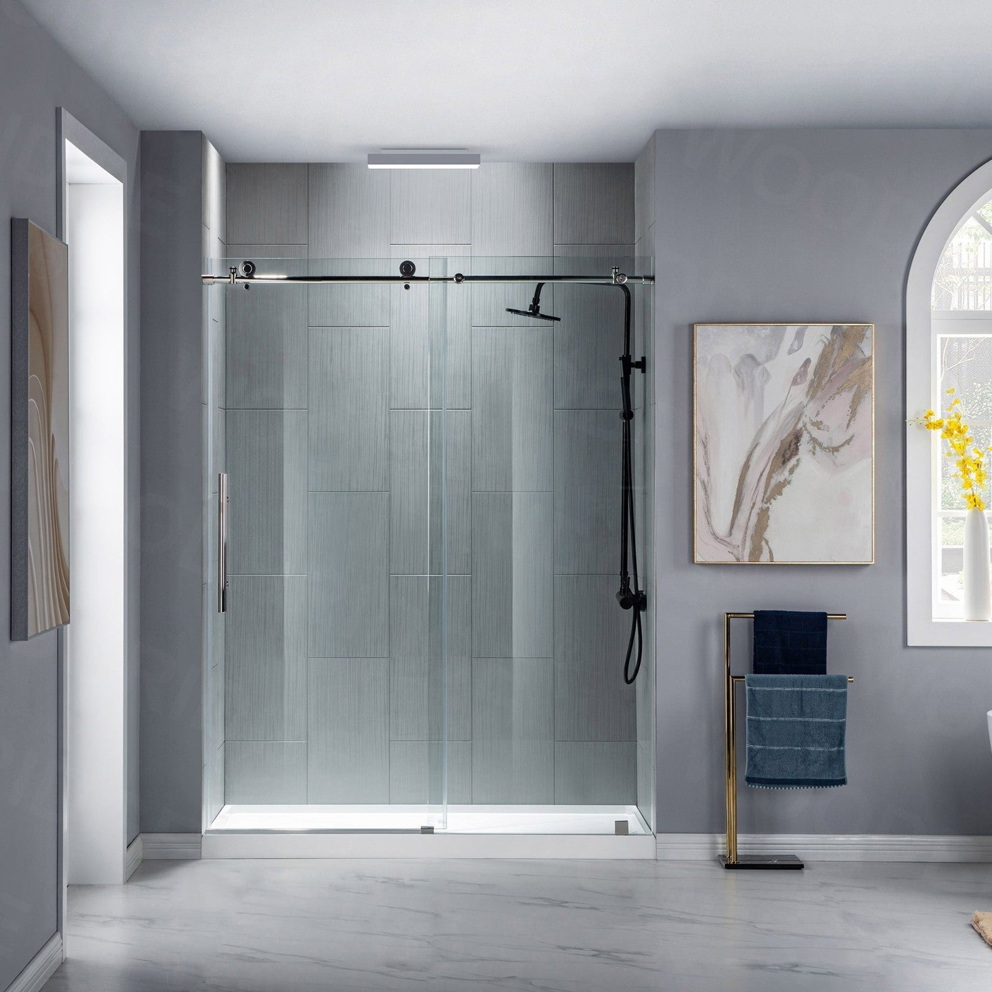 WoodBridge 48" W x 76" H Clear Tempered Glass Frameless Shower Door With Polished Chrome Hardware Finish