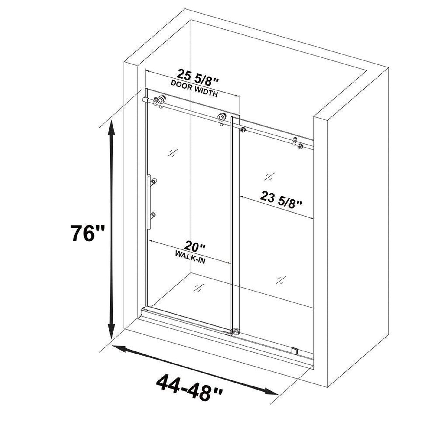 WoodBridge 48" W x 76" H Clear Tempered Glass Frameless Shower Door With Polished Chrome Hardware Finish