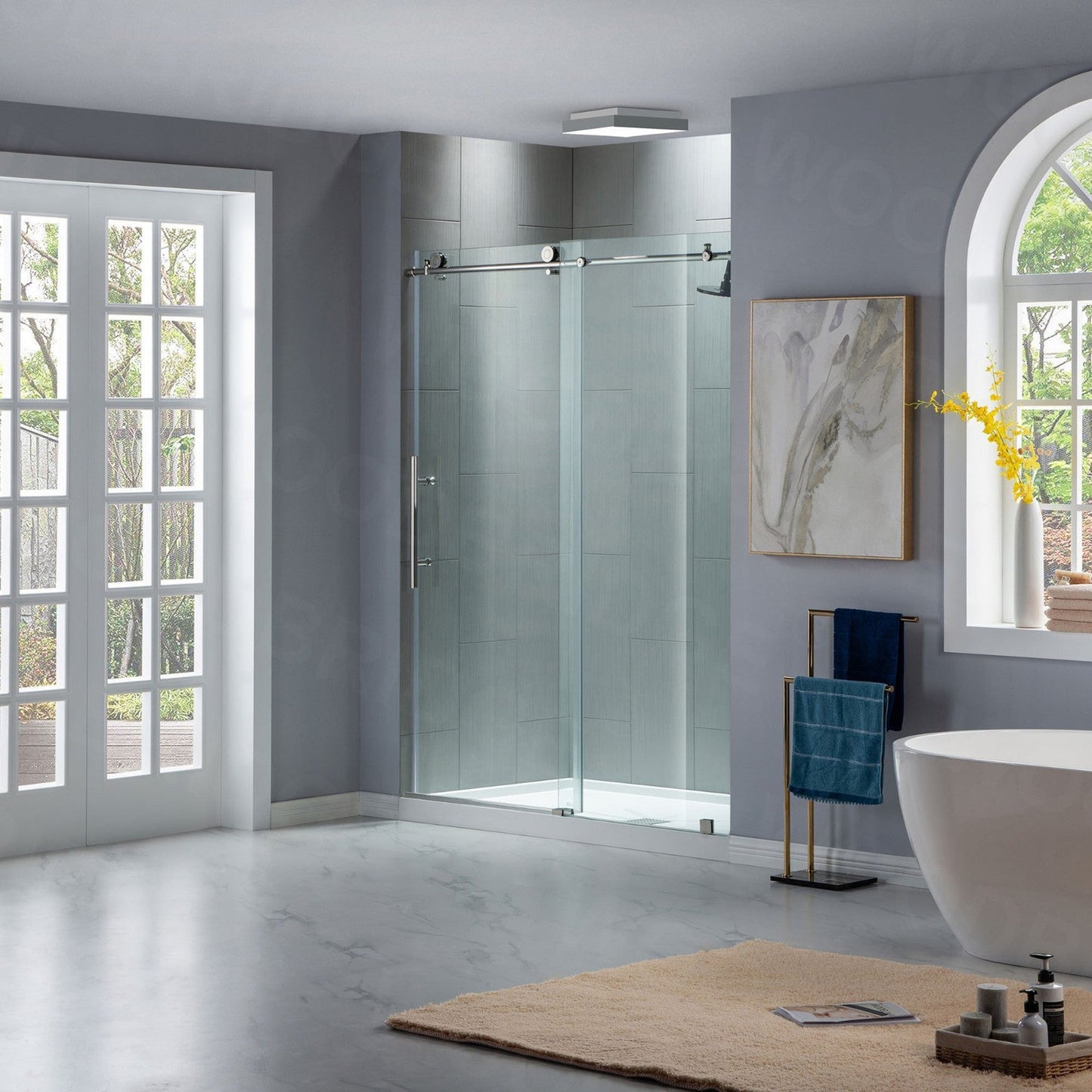 WoodBridge 48" W x 76" H Clear Tempered Glass Frameless Shower Door With Polished Chrome Hardware Finish