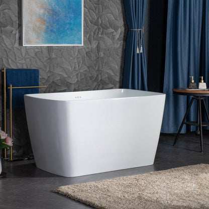 WoodBridge 48" White Acrylic Freestanding Rectangular Air Bath Bathtub With Pre-molded Seat, Brushed Gold Pop-Up Drain, Overflow, F-0007BGRD Tub Filler and Caddy Tray