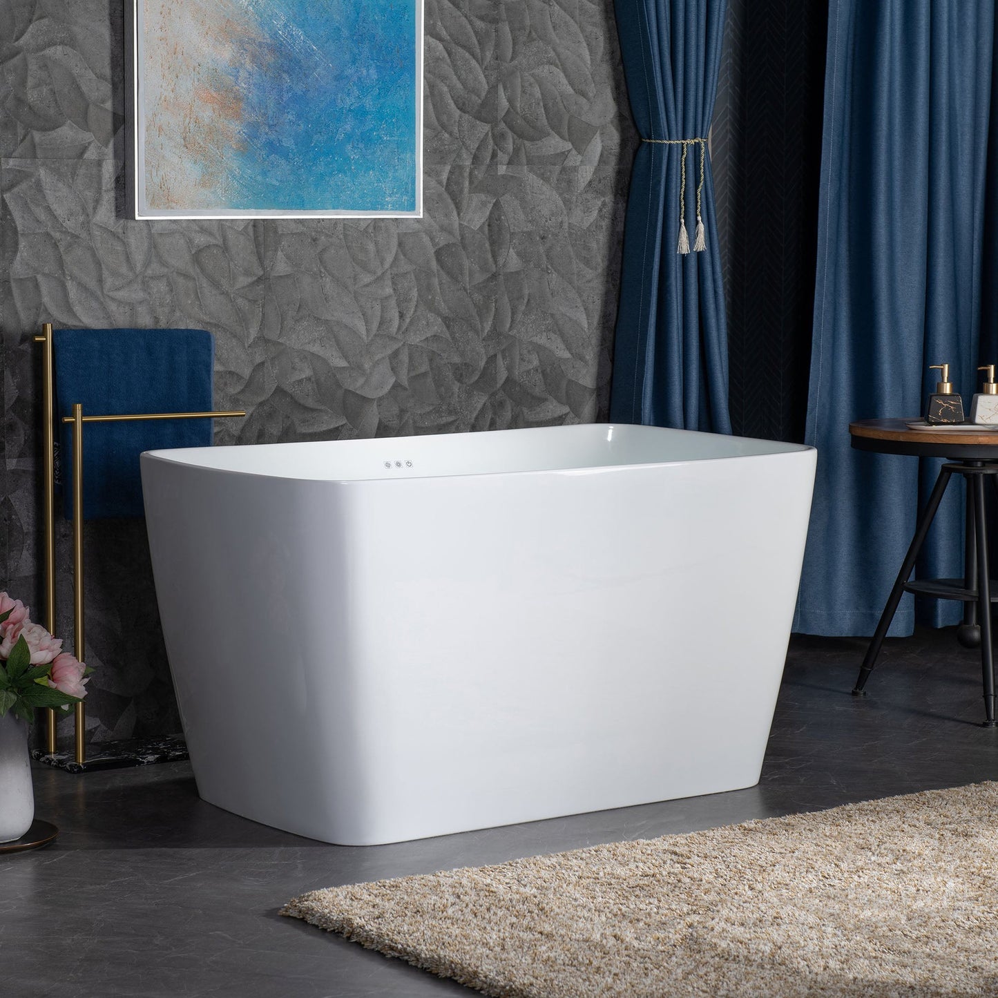 WoodBridge 48" White Acrylic Freestanding Rectangular Air Bath Bathtub With Pre-molded Seat and Brushed Nickel Pop-Up Drain and Overflow