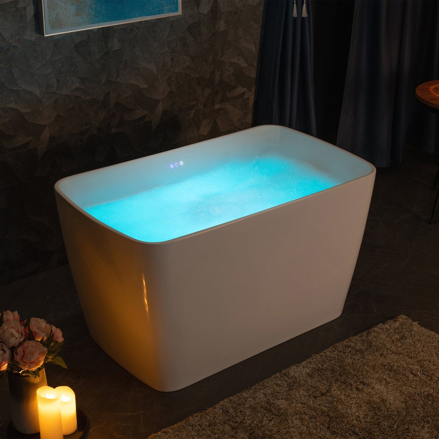 WoodBridge 48" White Acrylic Freestanding Rectangular Air Bath Bathtub With Pre-molded Seat and Oil Rubbed Bronze Pop-Up Drain and Overflow