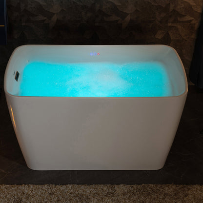 WoodBridge 48" White Acrylic Freestanding Rectangular Air Bath Bathtub With Pre-molded Seat and Oil Rubbed Bronze Pop-Up Drain and Overflow