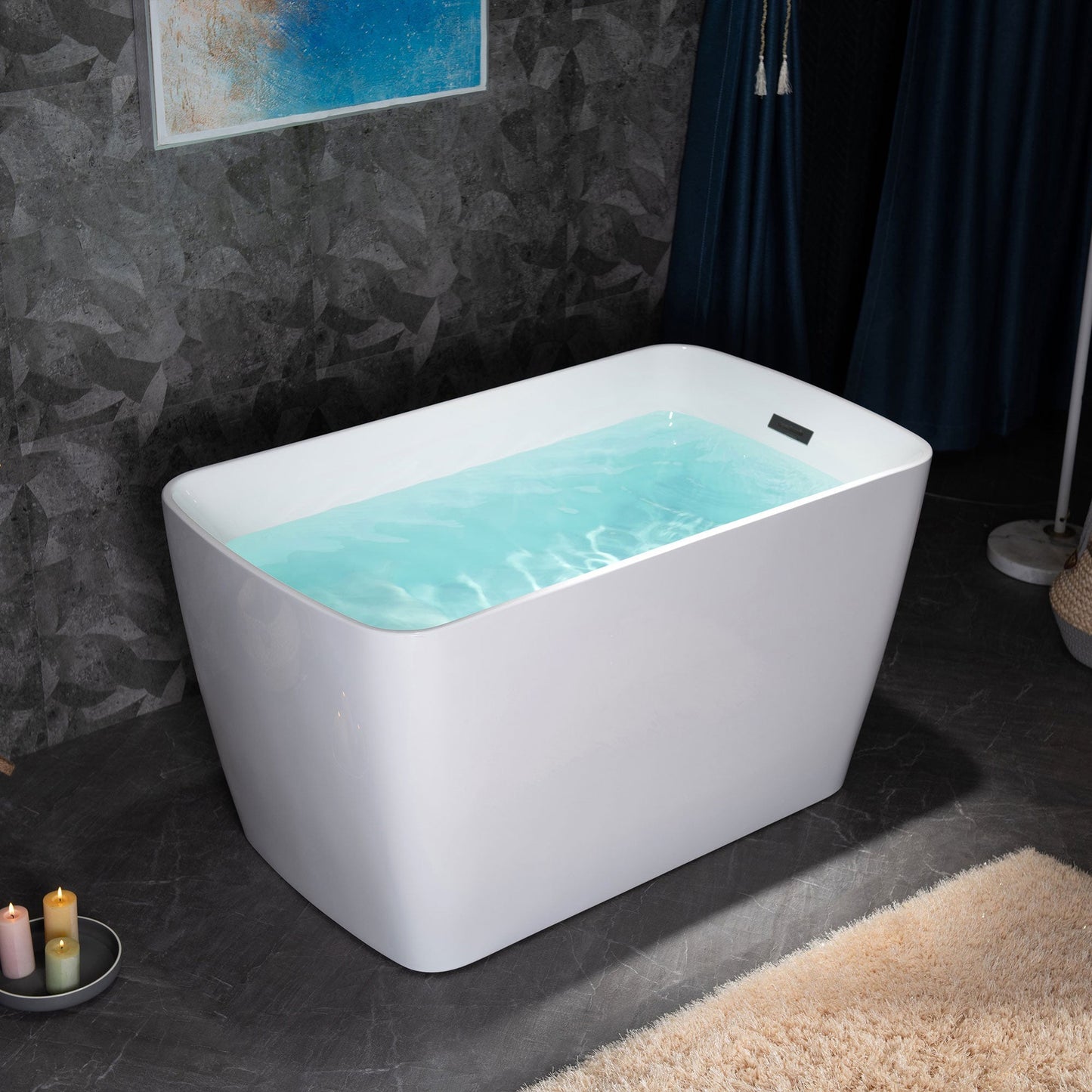 WoodBridge 48" White Acrylic Freestanding Square Contemporary Soaking Tub With Pre-molded Seat and Matte Black Pop-up Drain and Overflow