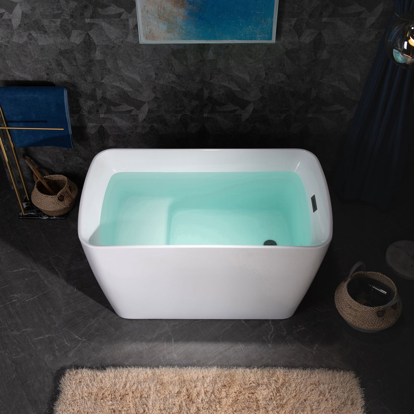 WoodBridge 48" White Acrylic Freestanding Square Contemporary Soaking Tub With Pre-molded Seat and Matte Black Pop-up Drain and Overflow