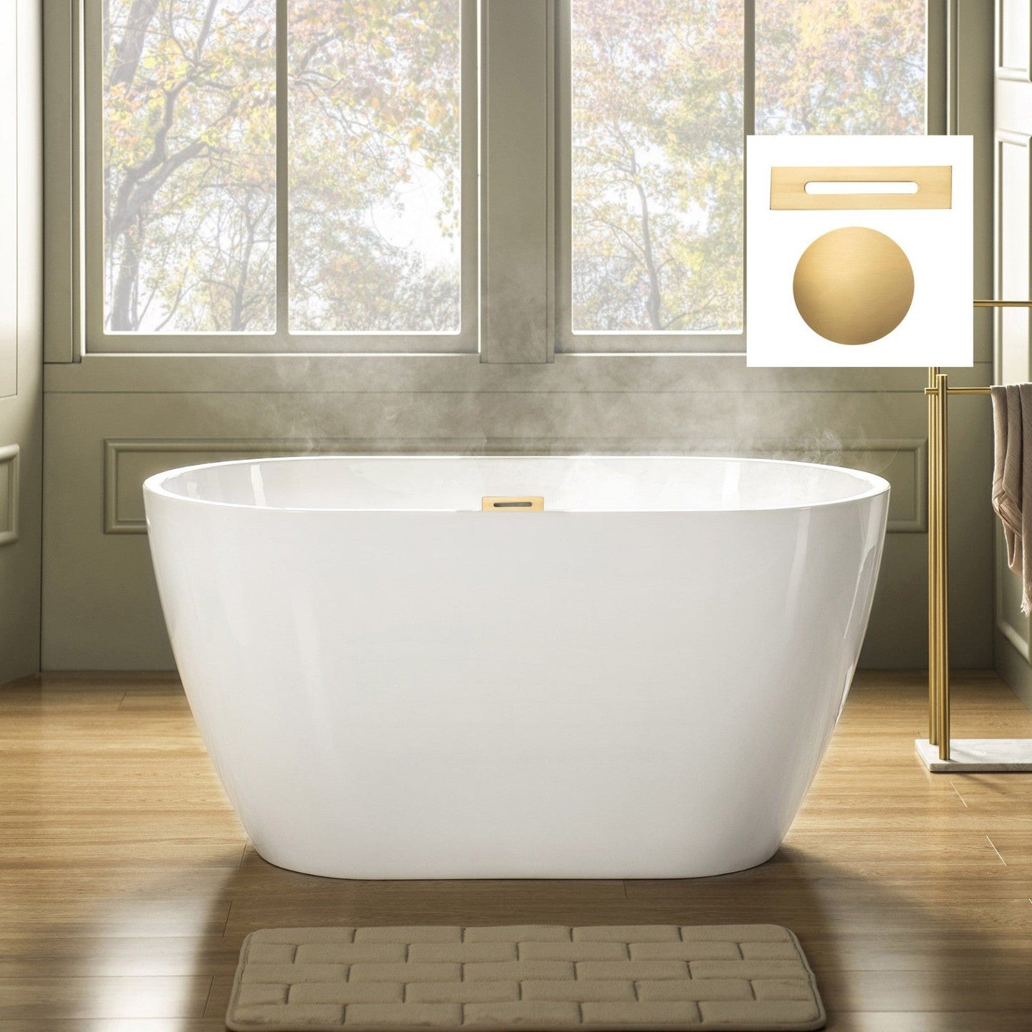 WoodBridge 48" White Freestanding Soaking Bathtub With Brushed Gold Drain, Overflow, F-0007BGRD Tub Filler and Caddy Tray