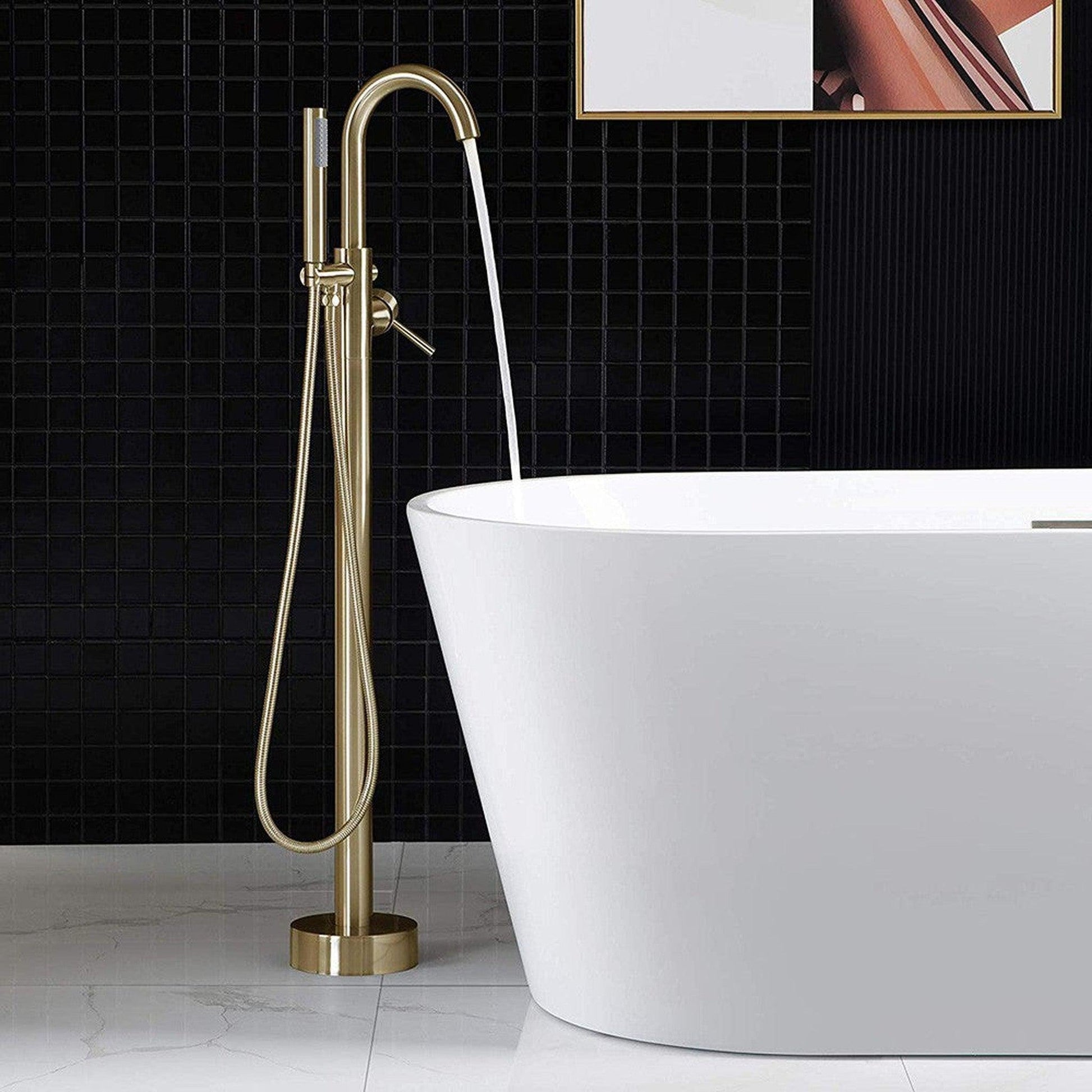 WoodBridge 48" White Freestanding Soaking Bathtub With Brushed Gold Drain, Overflow, F-0007BGRD Tub Filler and Caddy Tray