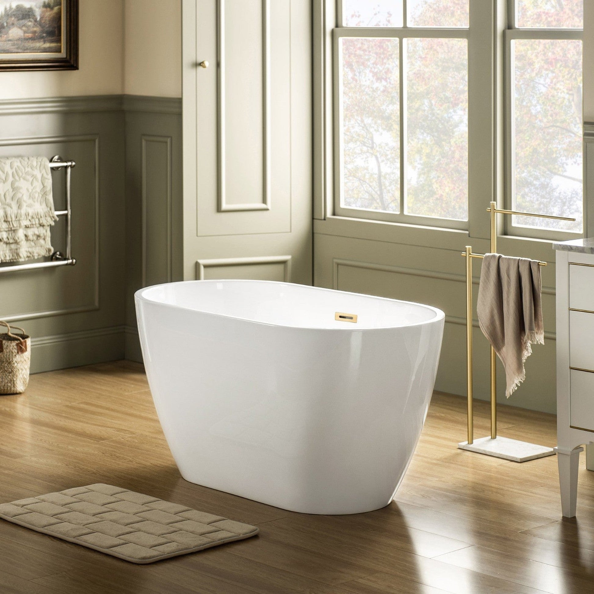 WoodBridge 48" White Freestanding Soaking Bathtub With Brushed Gold Drain, Overflow, F-0007BGRD Tub Filler and Caddy Tray