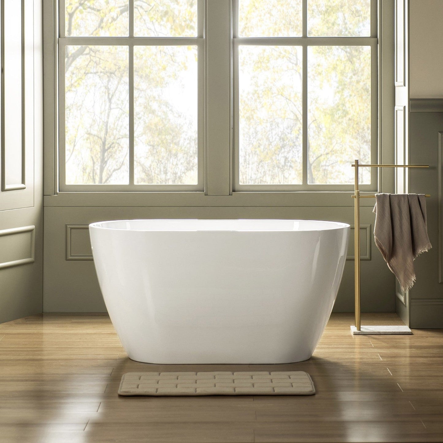 WoodBridge 48" White Freestanding Soaking Bathtub With Brushed Gold Drain, Overflow, F-0007BGRD Tub Filler and Caddy Tray