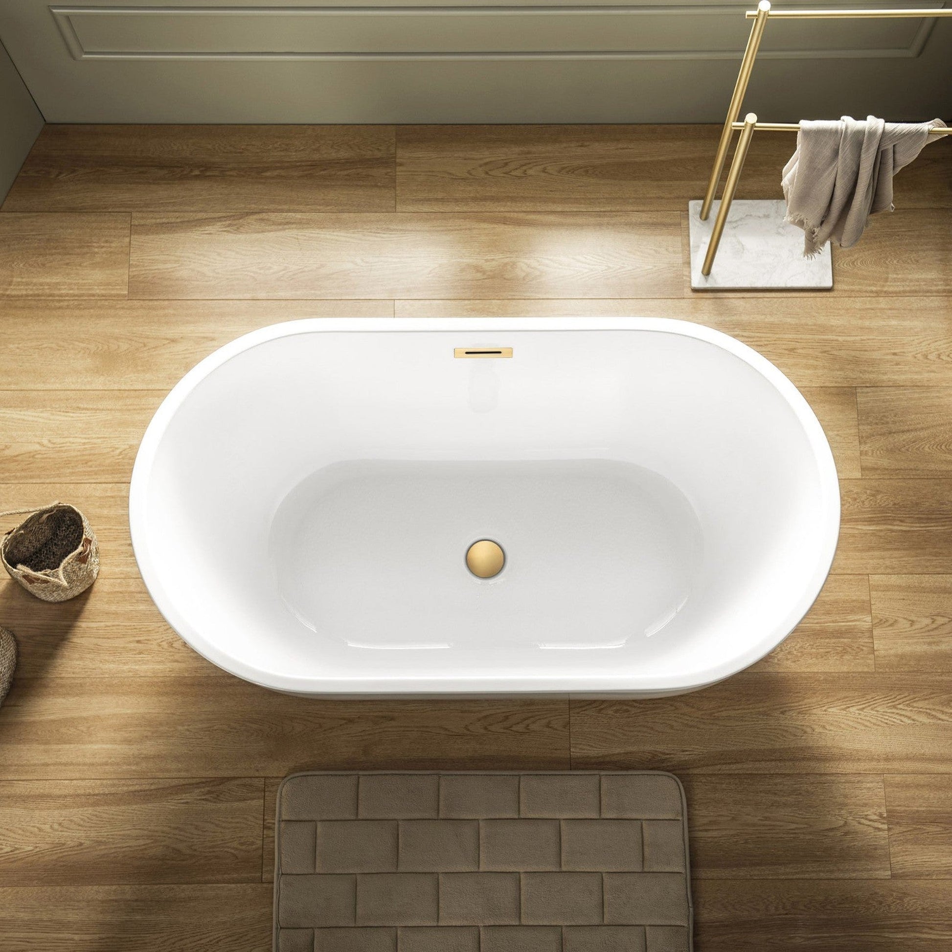 WoodBridge 48" White Freestanding Soaking Bathtub With Brushed Gold Drain, Overflow, F-0007BGRD Tub Filler and Caddy Tray