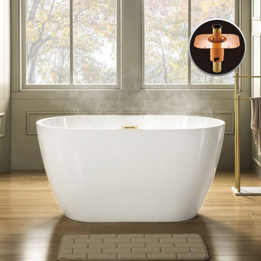 WoodBridge 48" White Freestanding Soaking Bathtub With Brushed Gold Drain, Overflow, F-0007BGRD Tub Filler and Caddy Tray