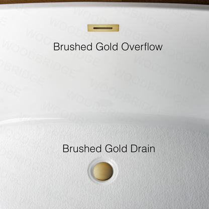 WoodBridge 48" White Freestanding Soaking Bathtub With Brushed Gold Drain, Overflow, F-0008 Tub Filler and Caddy Tray