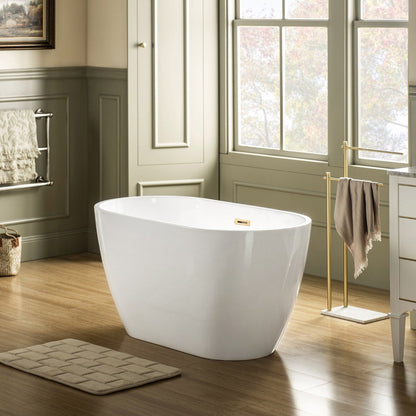 WoodBridge 48" White Freestanding Soaking Bathtub With Brushed Gold Drain, Overflow, F-0008 Tub Filler and Caddy Tray