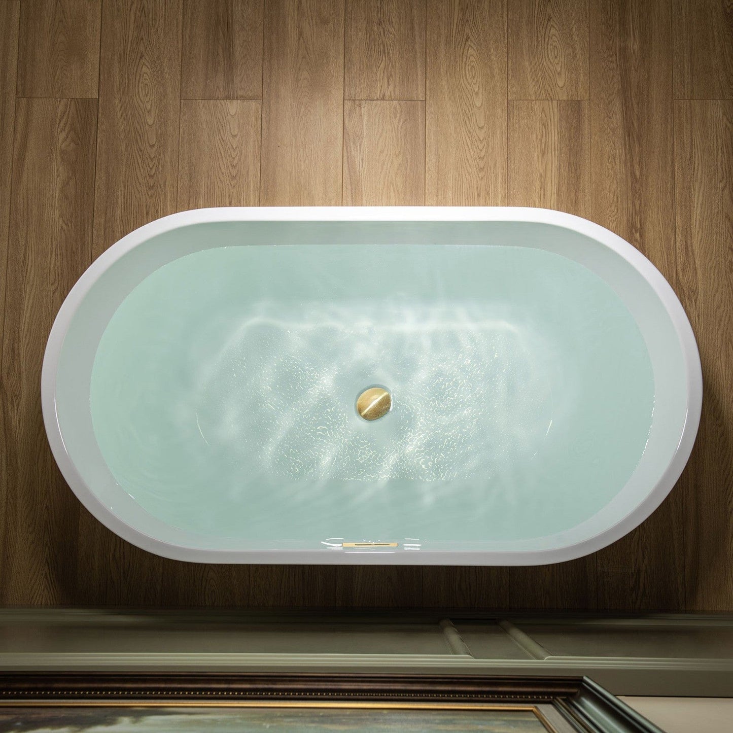 WoodBridge 48" White Freestanding Soaking Bathtub With Brushed Gold Drain, Overflow, F-0008 Tub Filler and Caddy Tray