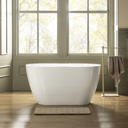 WoodBridge 48" White Freestanding Soaking Bathtub With Brushed Gold Overflow and Drain