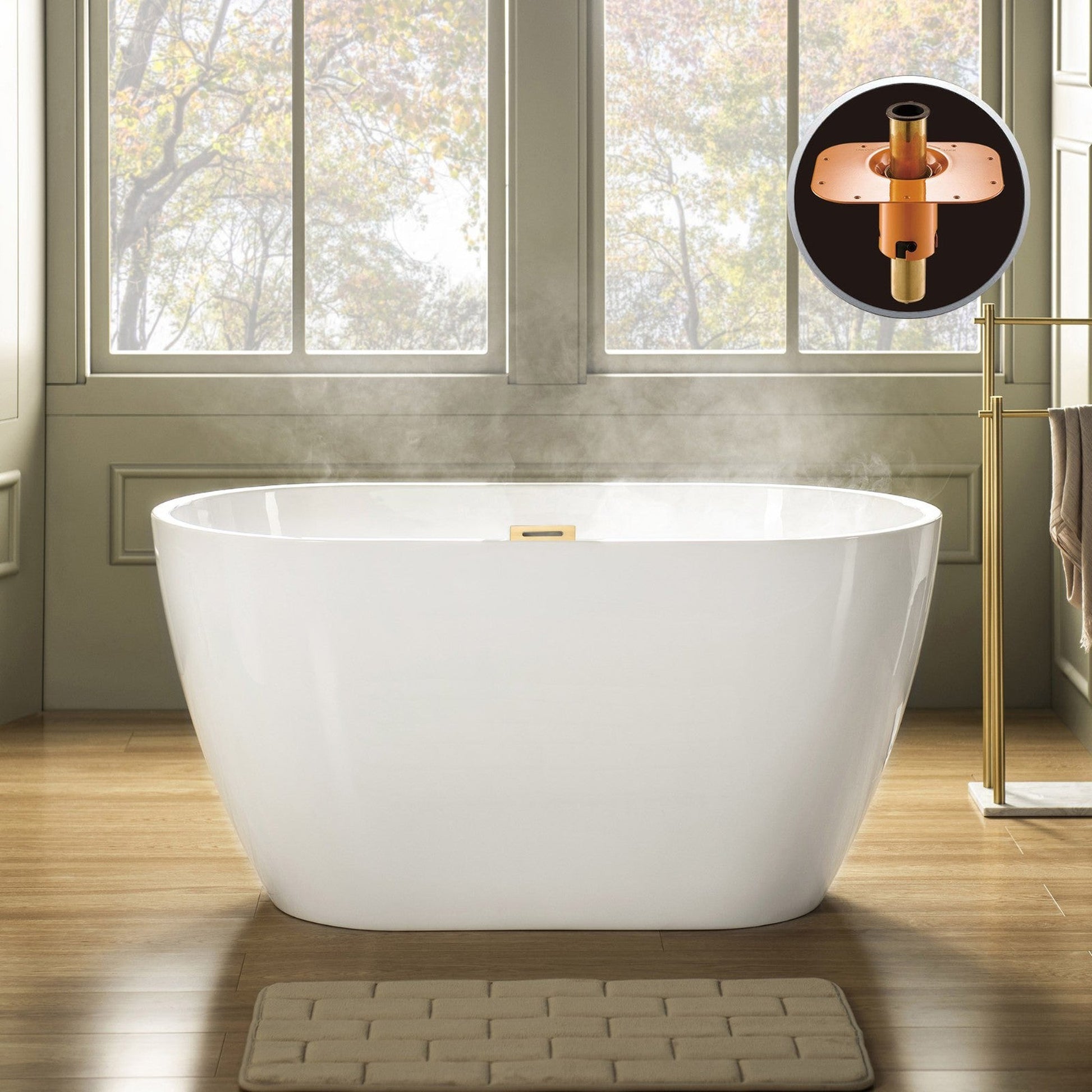 WoodBridge 48" White Freestanding Soaking Bathtub With Brushed Gold Overflow and Drain