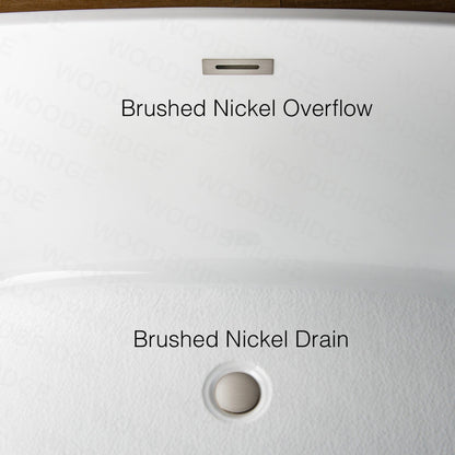 WoodBridge 48" White Freestanding Soaking Bathtub With Brushed Nickel Drain, Overflow, F0023BNVT Tub Filler and Caddy Tray