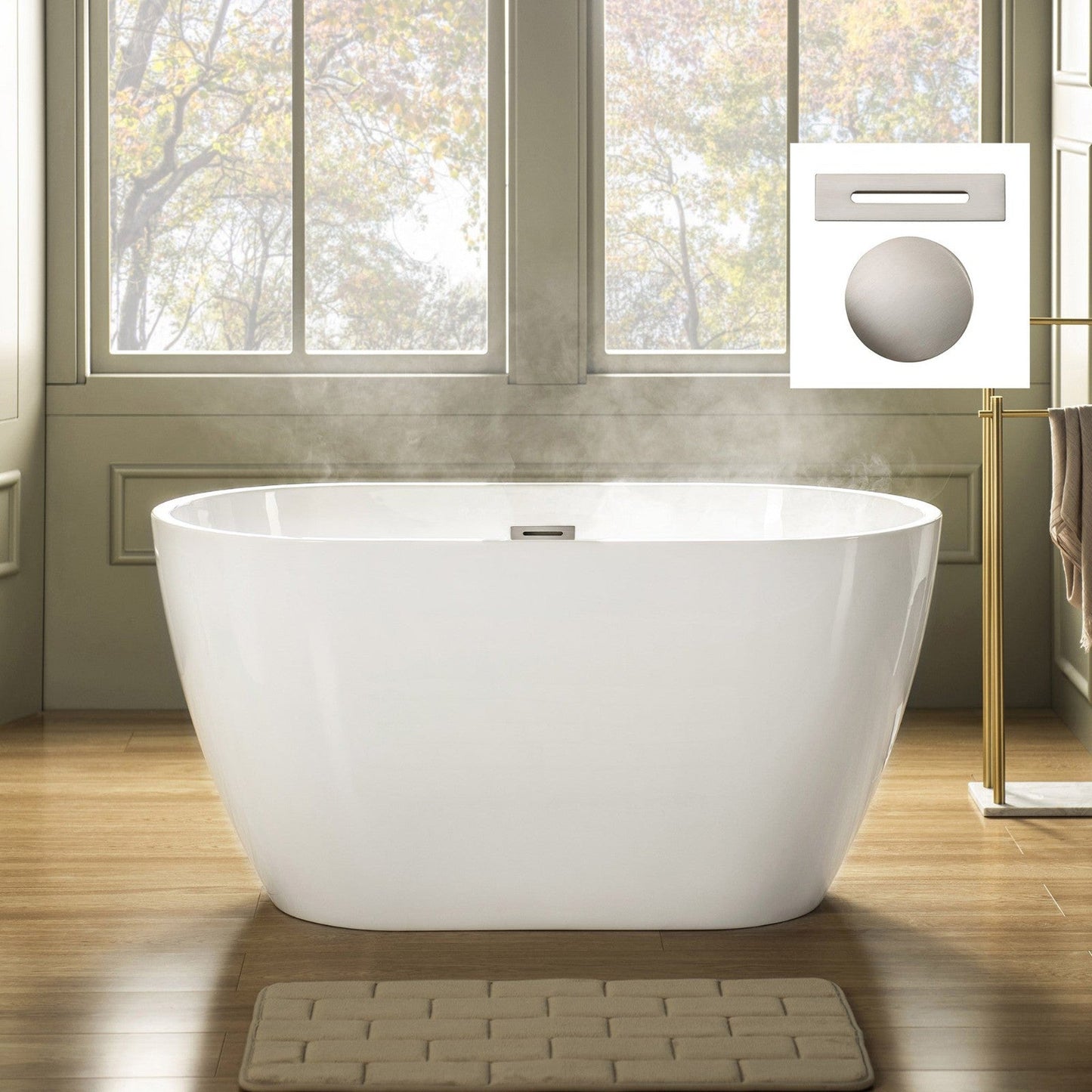WoodBridge 48" White Freestanding Soaking Bathtub With Brushed Nickel Drain, Overflow, F0023BNVT Tub Filler and Caddy Tray