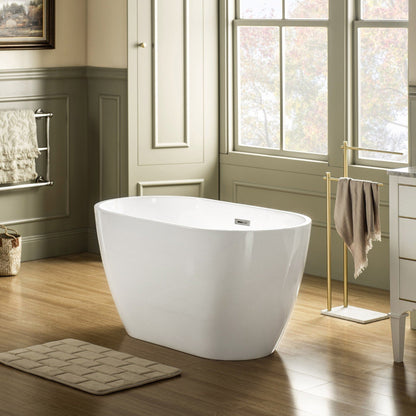 WoodBridge 48" White Freestanding Soaking Bathtub With Brushed Nickel Drain, Overflow, F0023BNVT Tub Filler and Caddy Tray