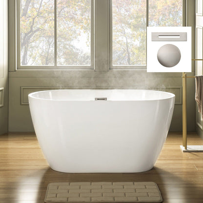WoodBridge 48" White Freestanding Soaking Bathtub With Brushed Nickel Drain, Overflow, F0070BNRD Tub Filler and Caddy Tray