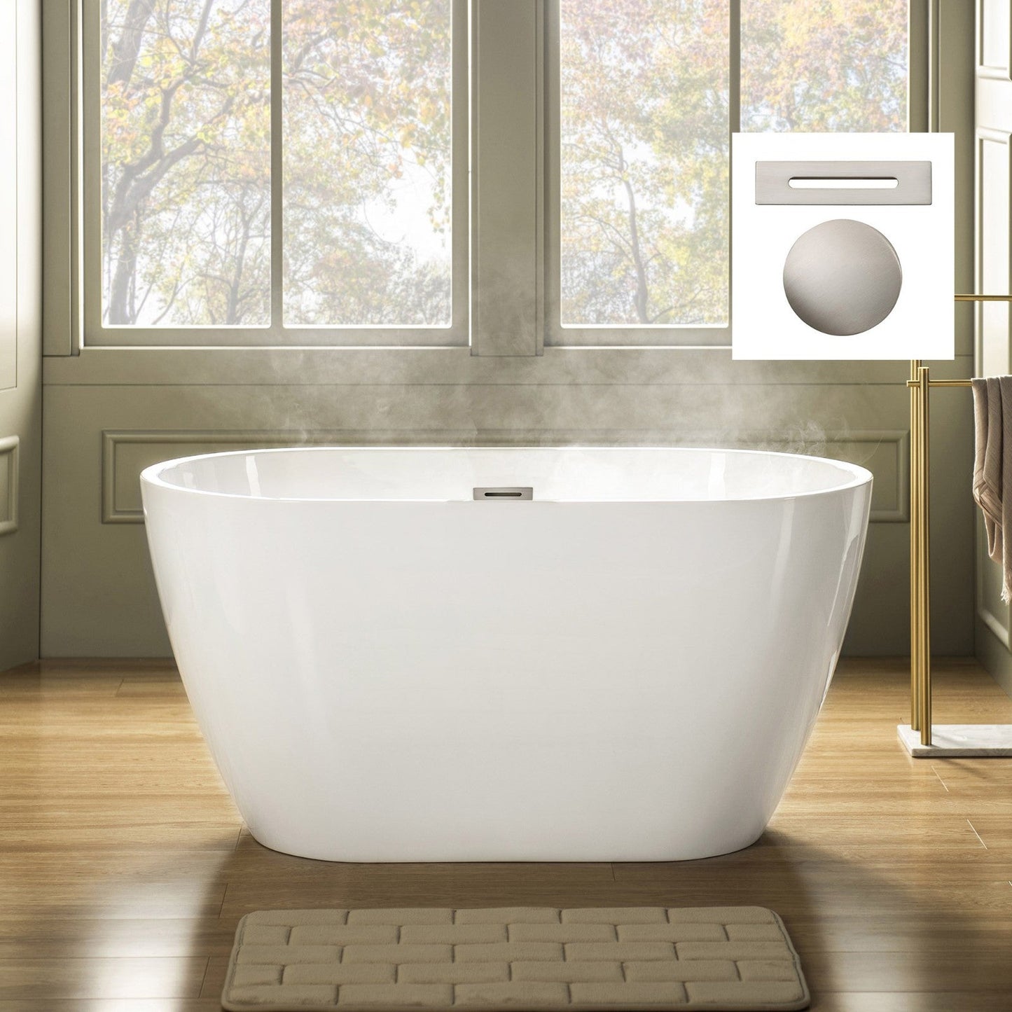 WoodBridge 48" White Freestanding Soaking Bathtub With Brushed Nickel Overflow and Drain