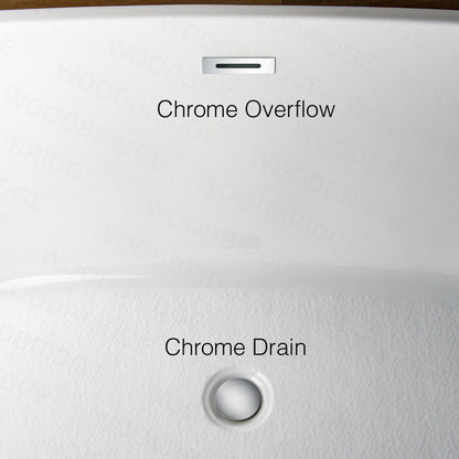 WoodBridge 48" White Freestanding Soaking Bathtub With Chrome Drain, Overflow, F0002CHVT Tub Filler and Caddy Tray