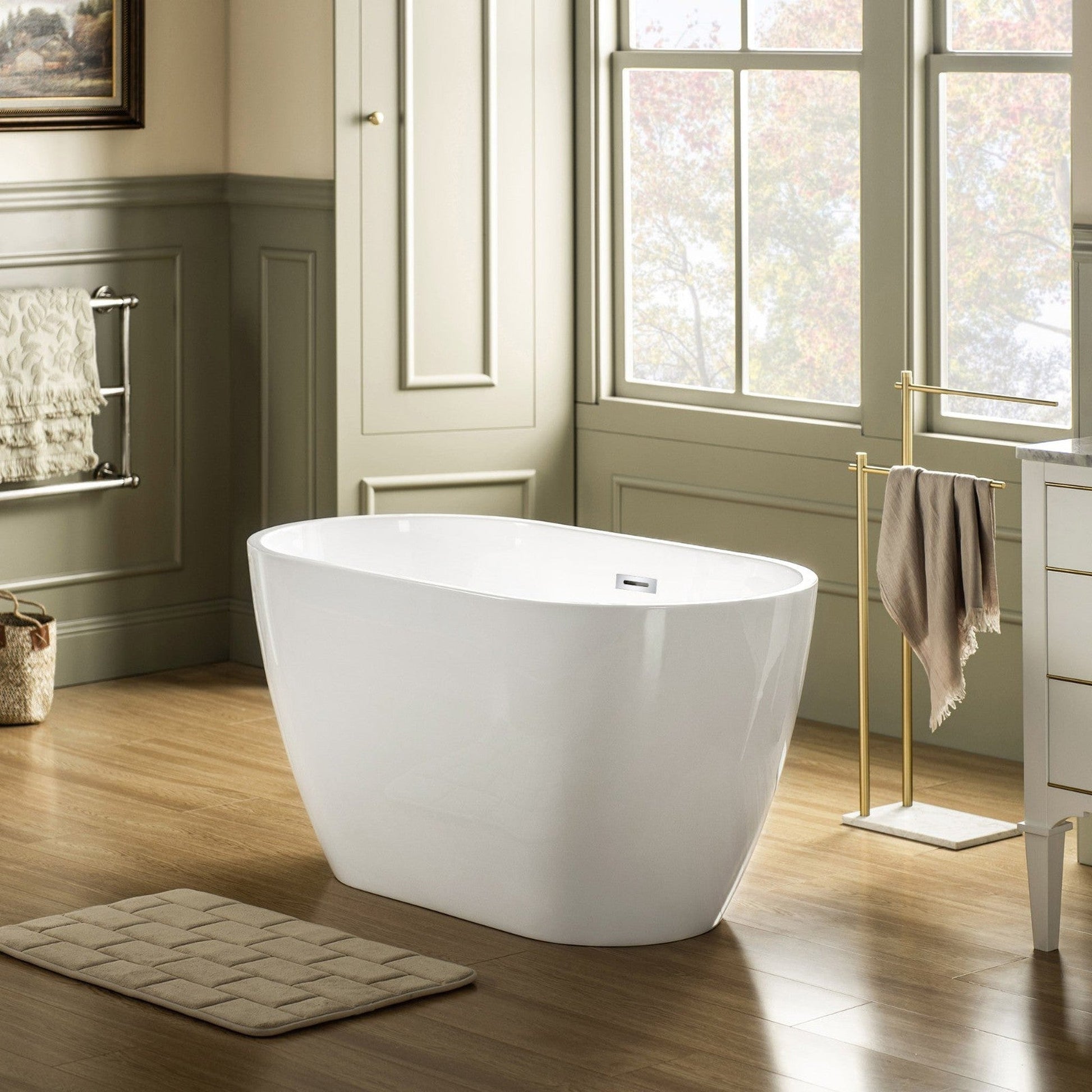 WoodBridge 48" White Freestanding Soaking Bathtub With Chrome Drain, Overflow, F0002CHVT Tub Filler and Caddy Tray