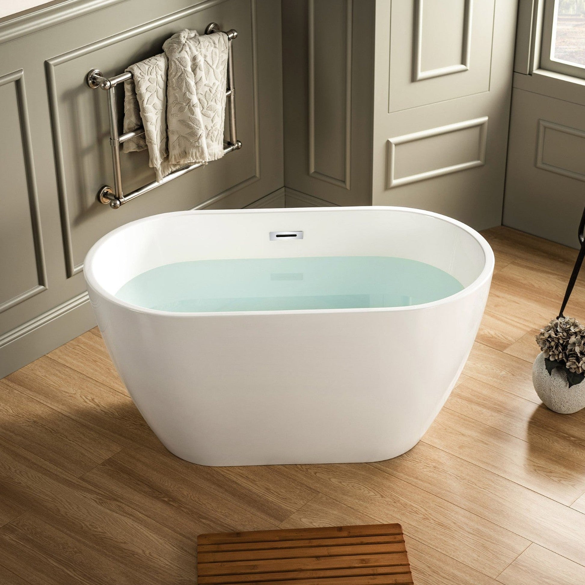 WoodBridge 48" White Freestanding Soaking Bathtub With Chrome Drain, Overflow, F0002CHVT Tub Filler and Caddy Tray