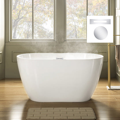 WoodBridge 48" White Freestanding Soaking Bathtub With Chrome Drain, Overflow, F0071CHVT Tub Filler and Caddy Tray