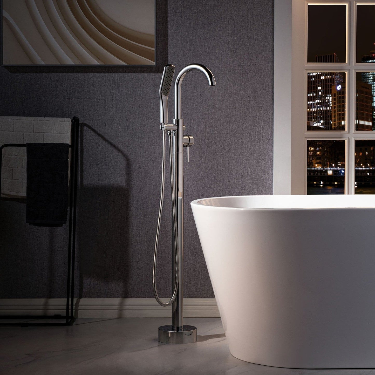 WoodBridge 48" White Freestanding Soaking Bathtub With Chrome Drain,Overflow, F0024CHSQ Tub Filler and Caddy Tray