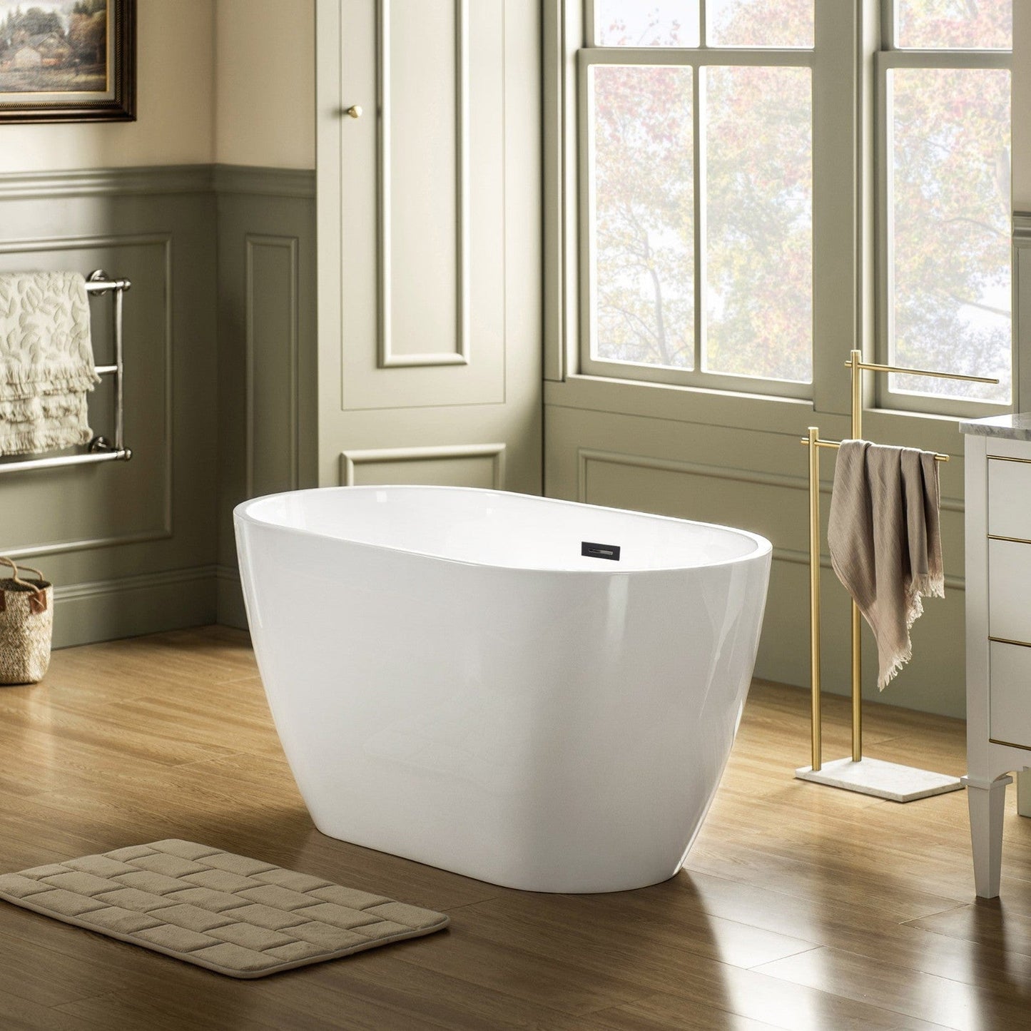 WoodBridge 48" White Freestanding Soaking Bathtub With Matte Black Drain, Overflow, F-0015 Tub Filler and Caddy Tray