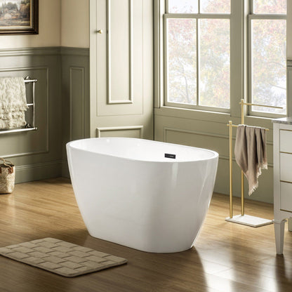 WoodBridge 48" White Freestanding Soaking Bathtub With Matte Black Drain, Overflow, F-0015 Tub Filler and Caddy Tray