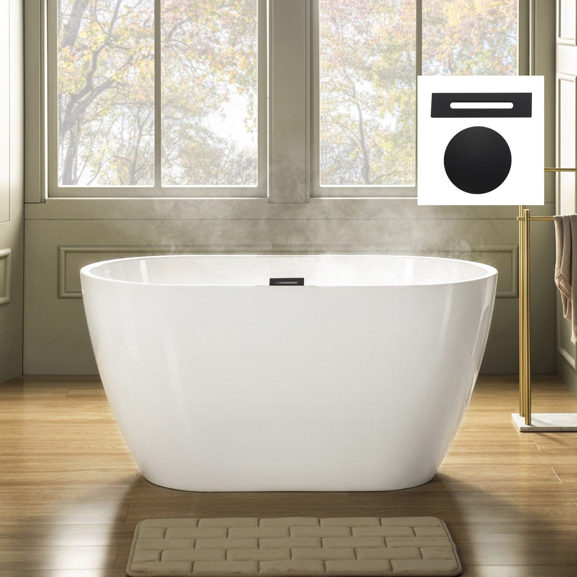 WoodBridge 48" White Freestanding Soaking Bathtub With Matte Black Drain, Overflow, F-0015 Tub Filler and Caddy Tray