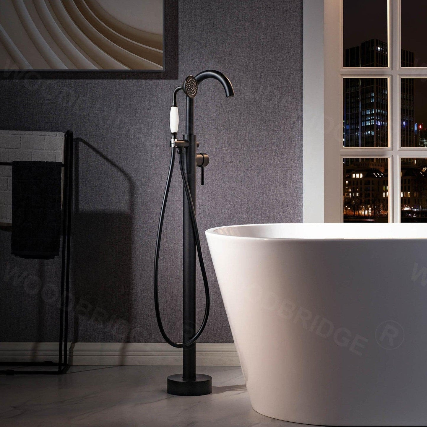 WoodBridge 48" White Freestanding Soaking Bathtub With Matte Black Drain Overflow, F0025MBVT Tub Filler and Caddy Tray