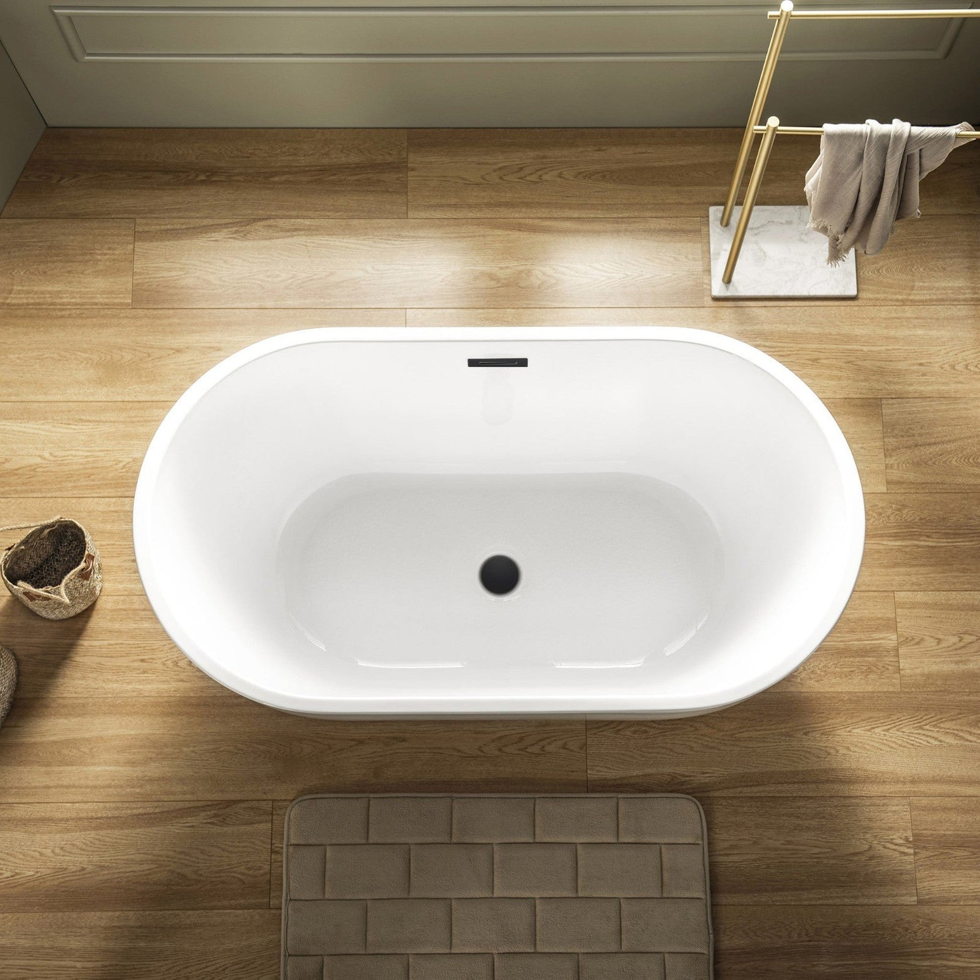 WoodBridge 48" White Freestanding Soaking Bathtub With Matte Black Drain,Overflow, F0006MBVT Tub Filler and Caddy Tray