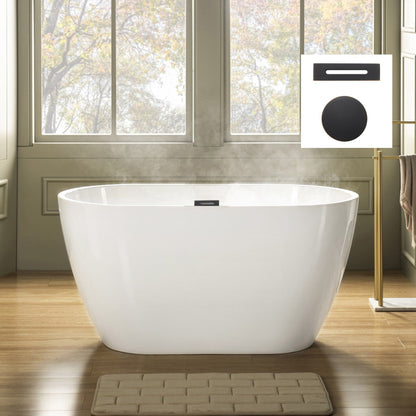 WoodBridge 48" White Freestanding Soaking Bathtub With Oil Rubbed Bronze Overflow and Drain