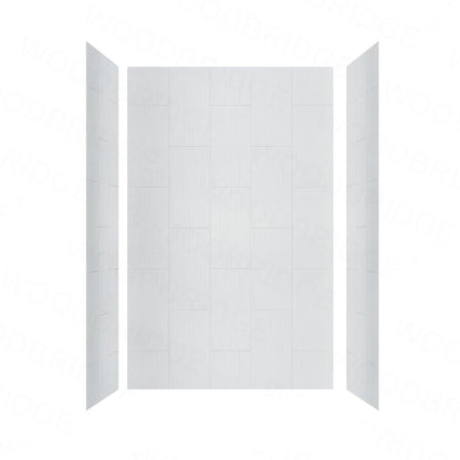 WoodBridge 48" x 30" Black Solid Tileable Integrated Center Drain Shower Base With MBSDC4876-B Clear Tempered Glass Frameless Shower Door and SWP603296-3-SB-M Matte White Vertical Pattern 3-Panel Shower Wall Kit