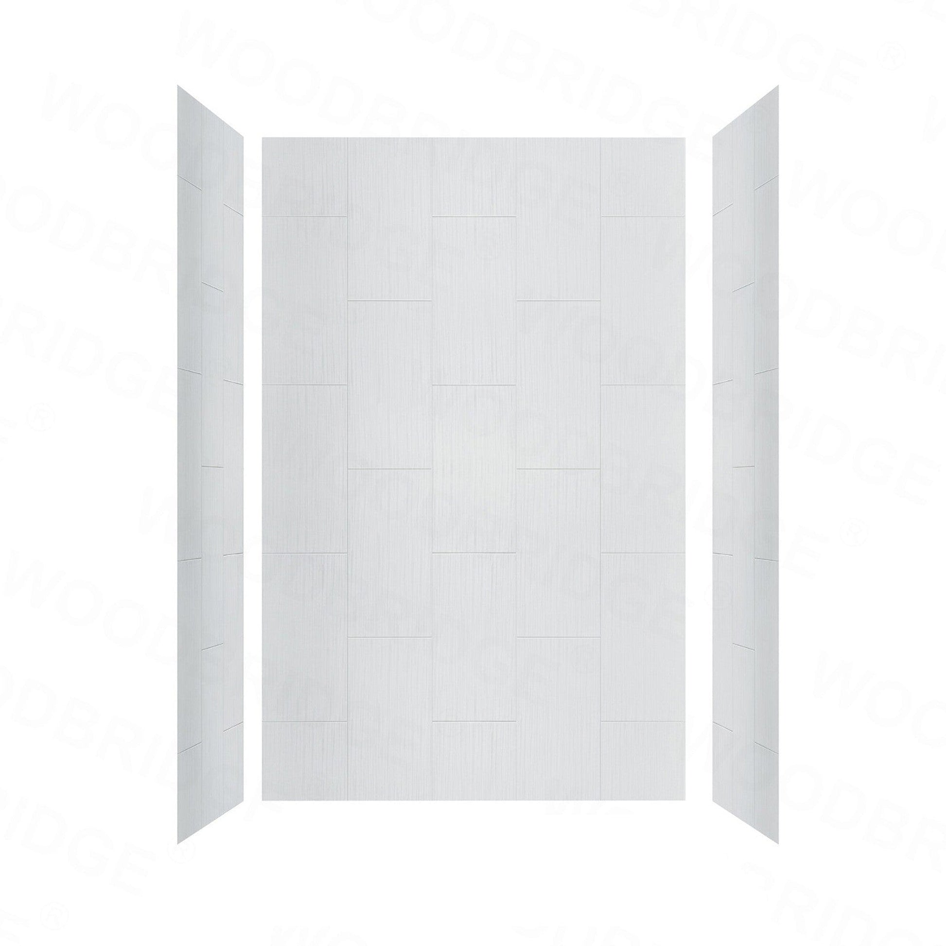 WoodBridge 48" x 30" Black Solid Tileable Integrated Center Drain Shower Base With MBSDC4876-B Clear Tempered Glass Frameless Shower Door and SWP603696-3-SB-M Matte White Vertical Pattern 3-Panel Shower Wall Kit