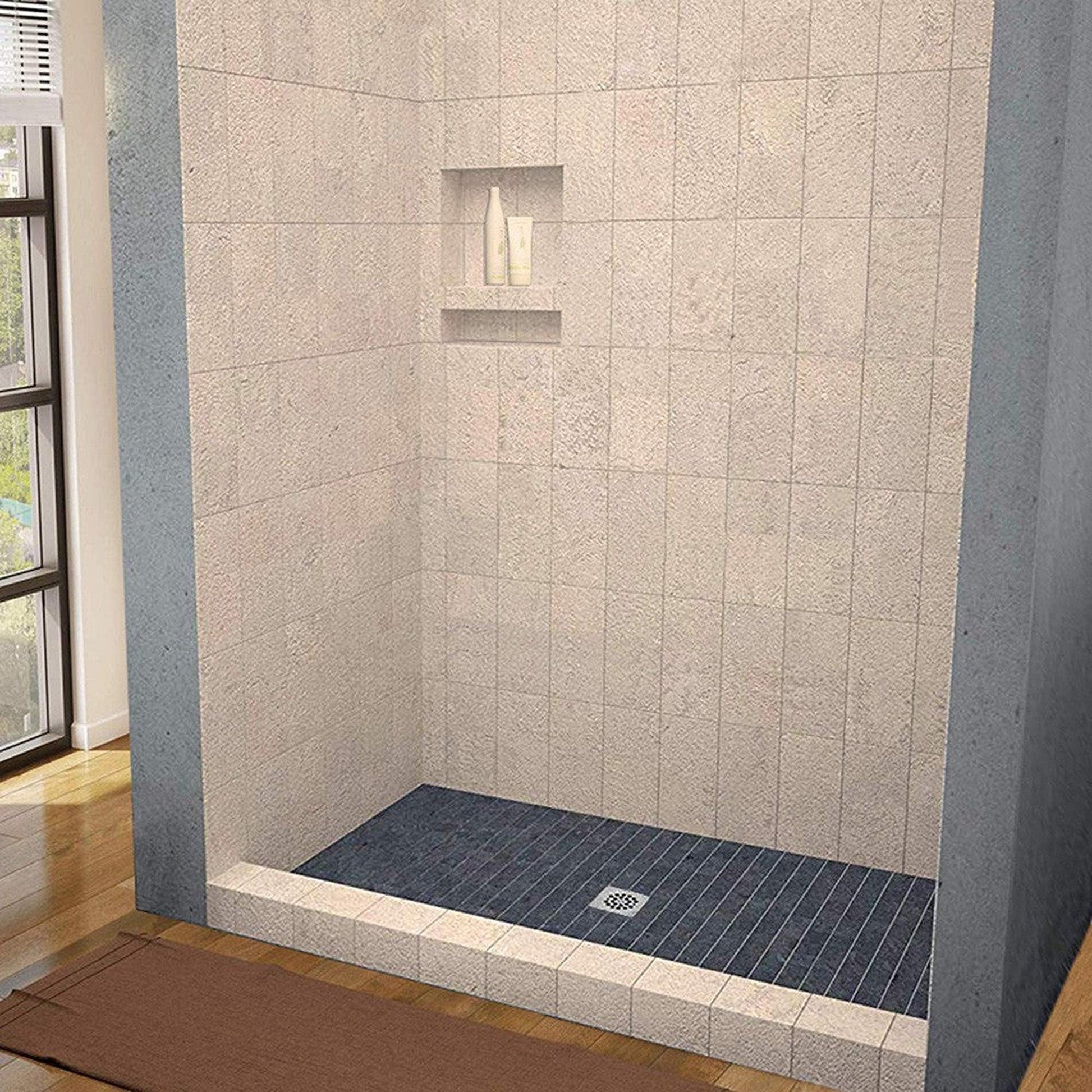 WoodBridge 48" x 30" Black Solid Tileable Integrated Center Drain Shower Base With MBSDC4876-BG Frameless Shower Door and SWP603296-1-SU-H White High Gloss Vertical Pattern 3-Panel Shower Wall Kit