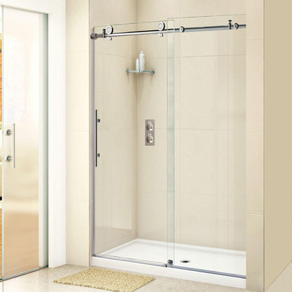 WoodBridge 48" x 30" Black Solid Tileable Integrated Center Drain Shower Base With MBSDC4876-C Clear Tempered Glass Frameless Shower Door and SWP603296-3-SB-M Matte White Vertical Pattern 3-Panel Shower Wall Kit