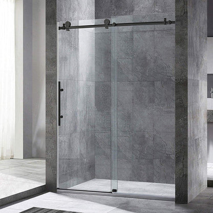 WoodBridge 48" x 30" Black Solid Tileable Integrated Center Drain Shower Base With MSDC4876-MBL Clear Tempered Glass Frameless Shower Door and SWP603296-1-SU-H White High Gloss Vertical Pattern 3-Panel Shower Wall Kit