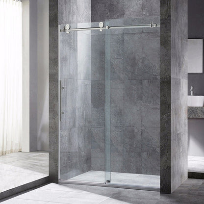 WoodBridge 48" x 32" Black Solid Tileable Integrated Center PVC Drain Shower Base With MBSDC4876-B Brushed Nickel Hardware Frameless Shower Door and SWP603296-1-SU-H White High Gloss Vertical Pattern 3-Panel Shower Wall Kit