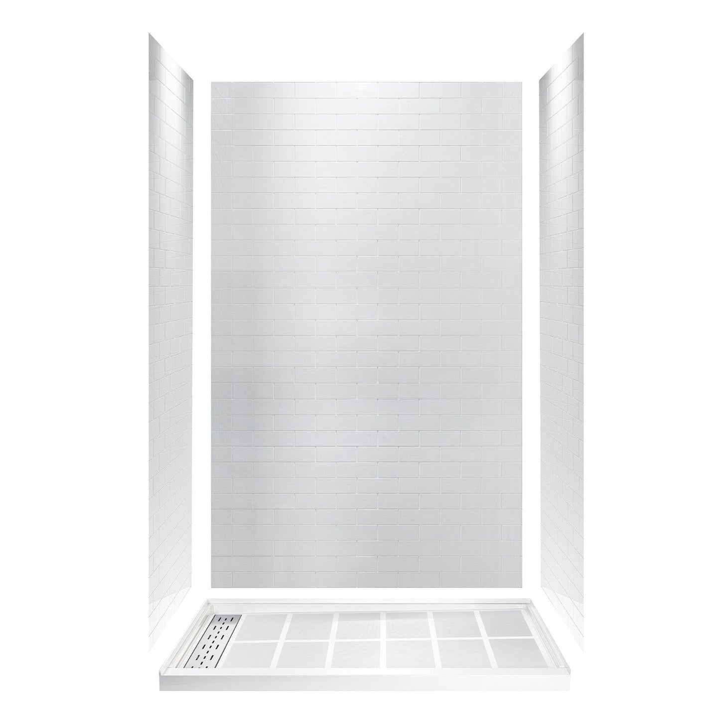 WoodBridge 48" x 32" Black Solid Tileable Integrated Center PVC Drain Shower Base With MBSDC4876-B Brushed Nickel Hardware Frameless Shower Door and SWP603696-1-SU-H White High Gloss Vertical Pattern 3-Panel Shower Wall Kit