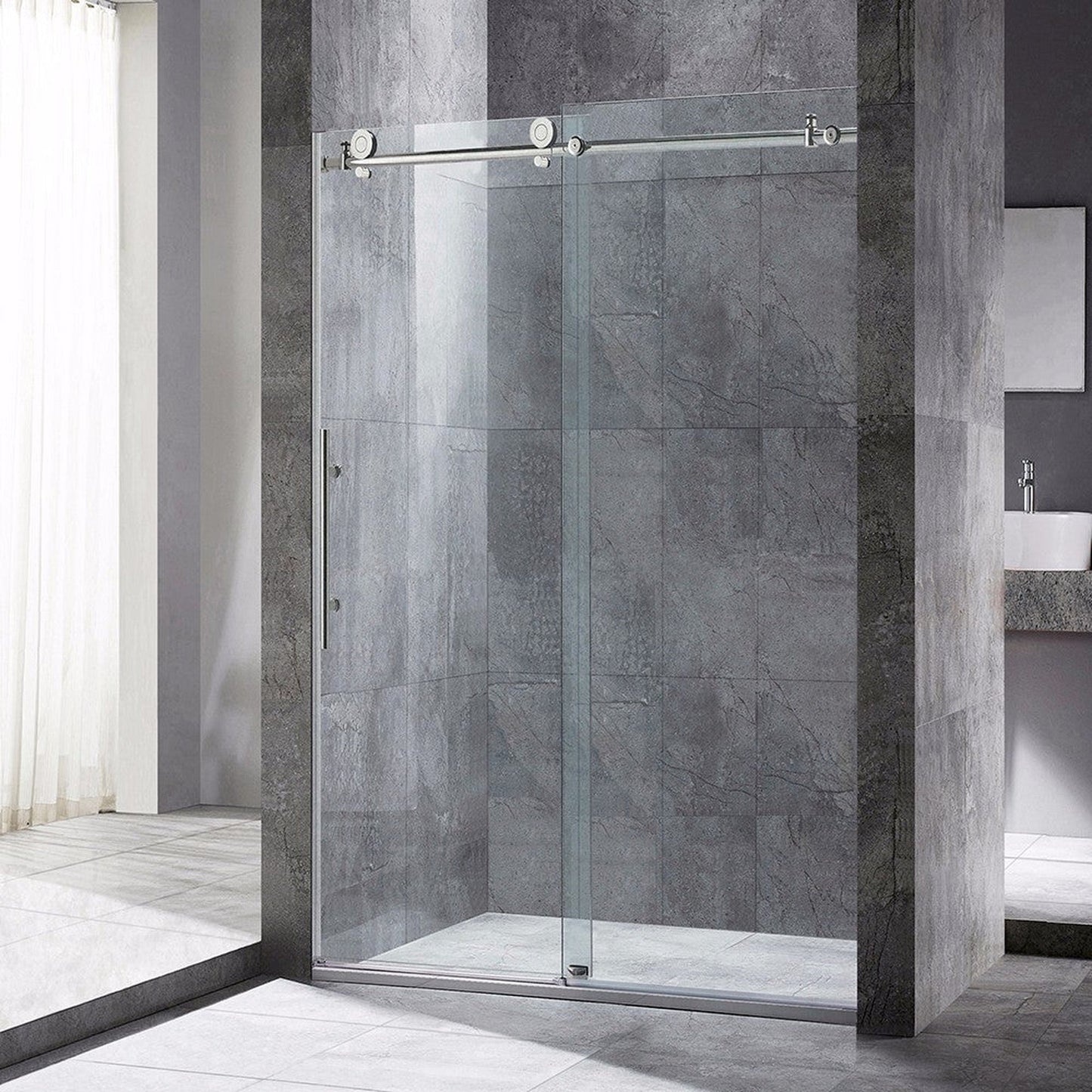 WoodBridge 48" x 32" Black Solid Tileable Integrated Center PVC Drain Shower Base With MBSDC4876-B Brushed Nickel Hardware Frameless Shower Door and SWP603696-1-SU-H White High Gloss Vertical Pattern 3-Panel Shower Wall Kit